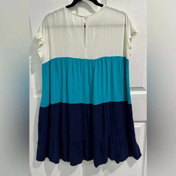 Ruffled Wht, Grn, Blue Colorblock Short Sleeve Crew Neck Shift, Mini Dress. Sz L - Picture 4 of 7